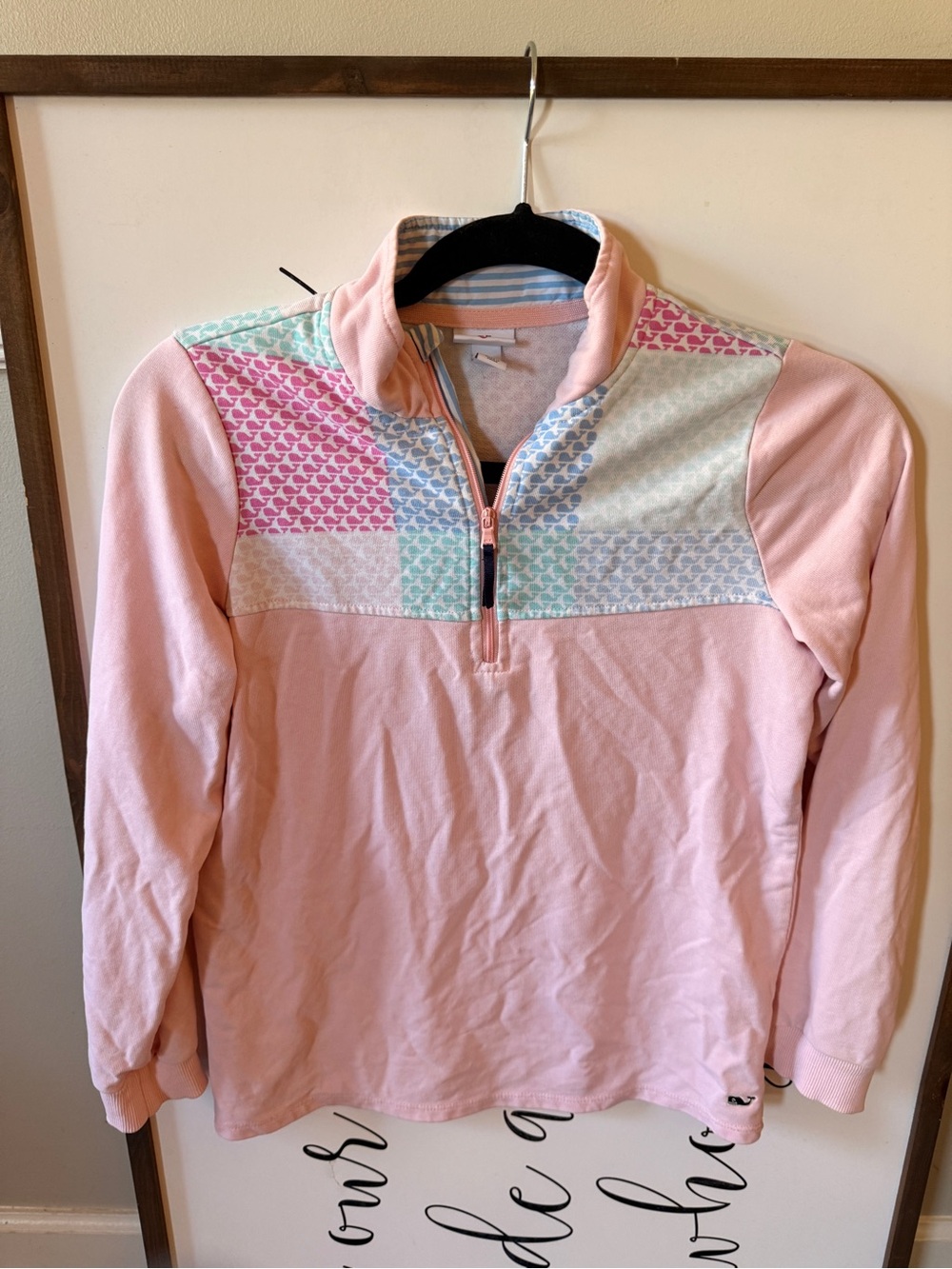 Vineyard Vines Girls' Pink Quarter-Zip Pullover with Pastel Patterned Yoke